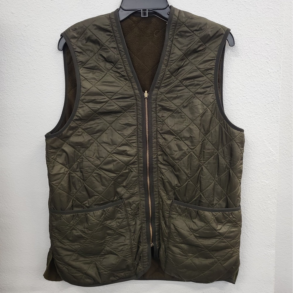 Vintage Barbour Quilted Vest Green Fleece Lined Zip Pockets Men's Size Medium